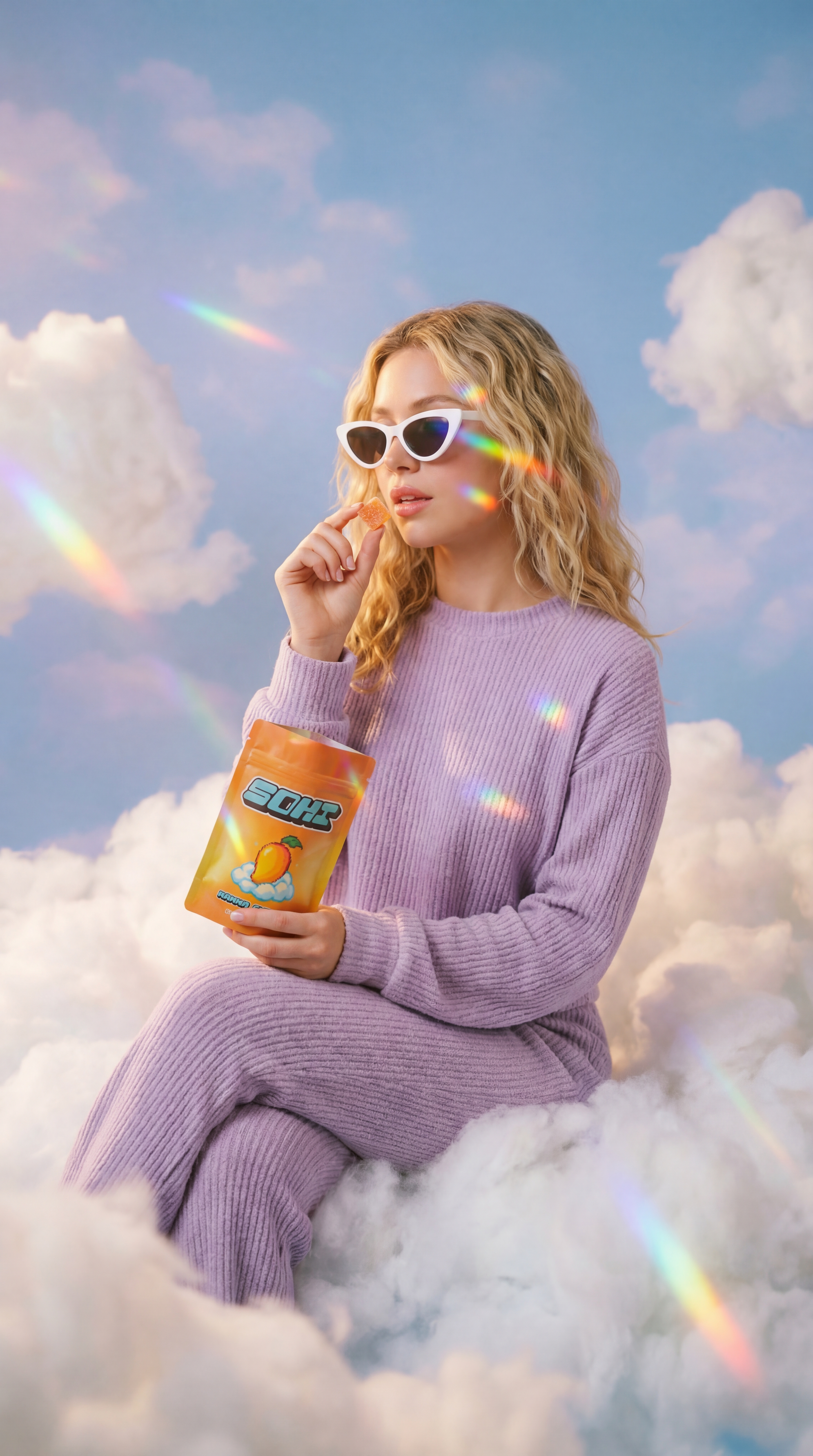 Woman in clouds enjoying SOHI Mango Dream gummies