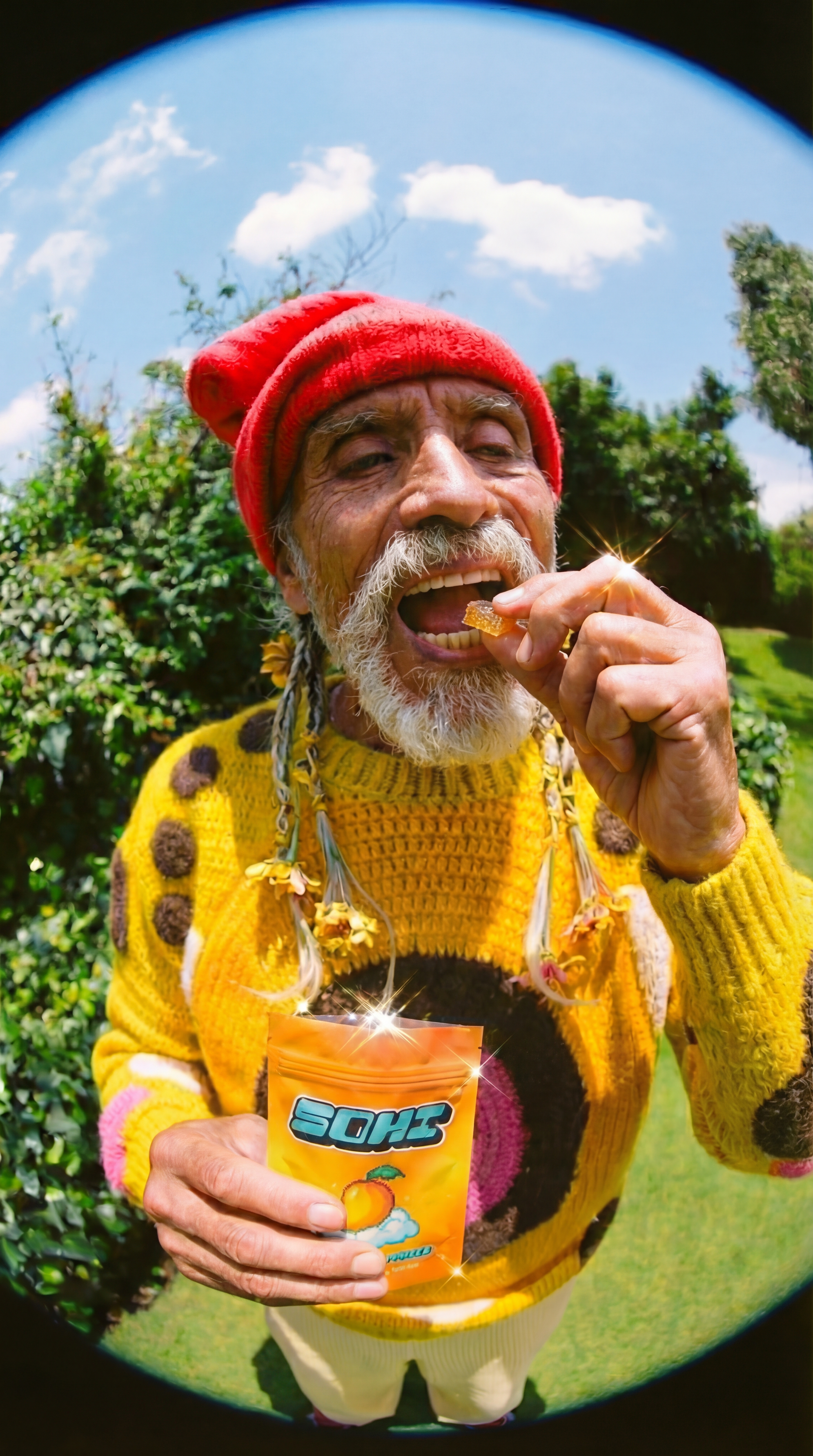 Man in red beret enjoying SOHI Mango Dream gummy outdoors
