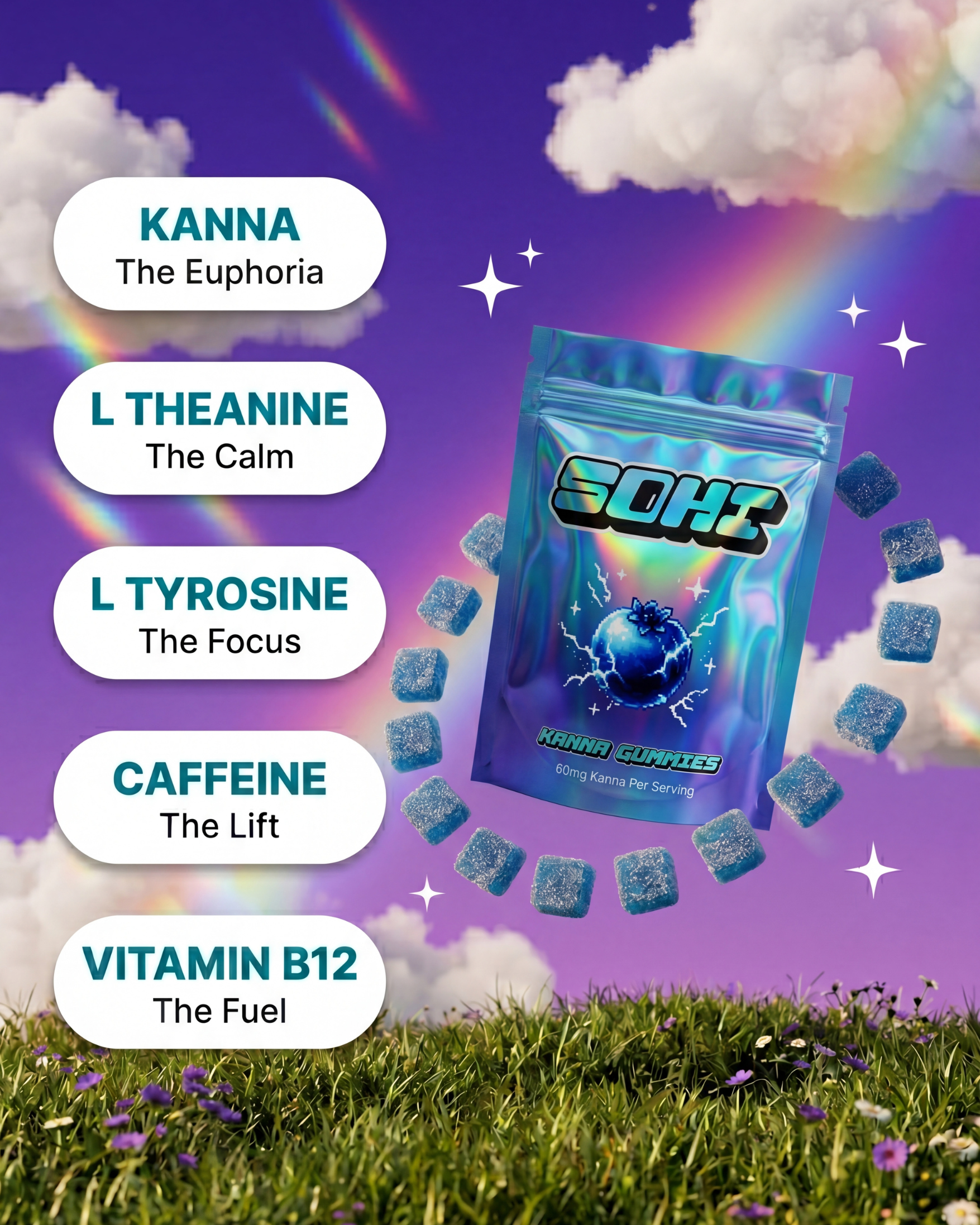 SOHI blue razz kanna gummies ingredients — kanna, L-theanine, L-tyrosine, caffeine, vitamin B12 for mood and focus