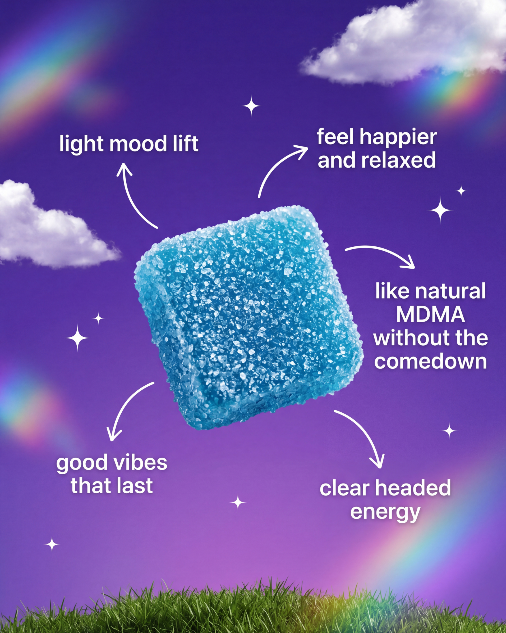 SOHI blue razz kanna gummy close-up with benefits: light mood lift, relaxed feeling, clear-headed energy, good vibes without the comedown