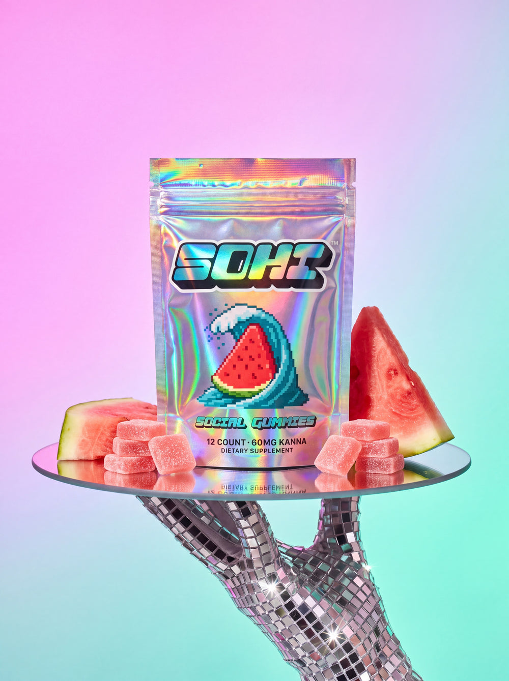 SOHI Watermelon Wave kanna gummies, 12-count holographic pouch, front