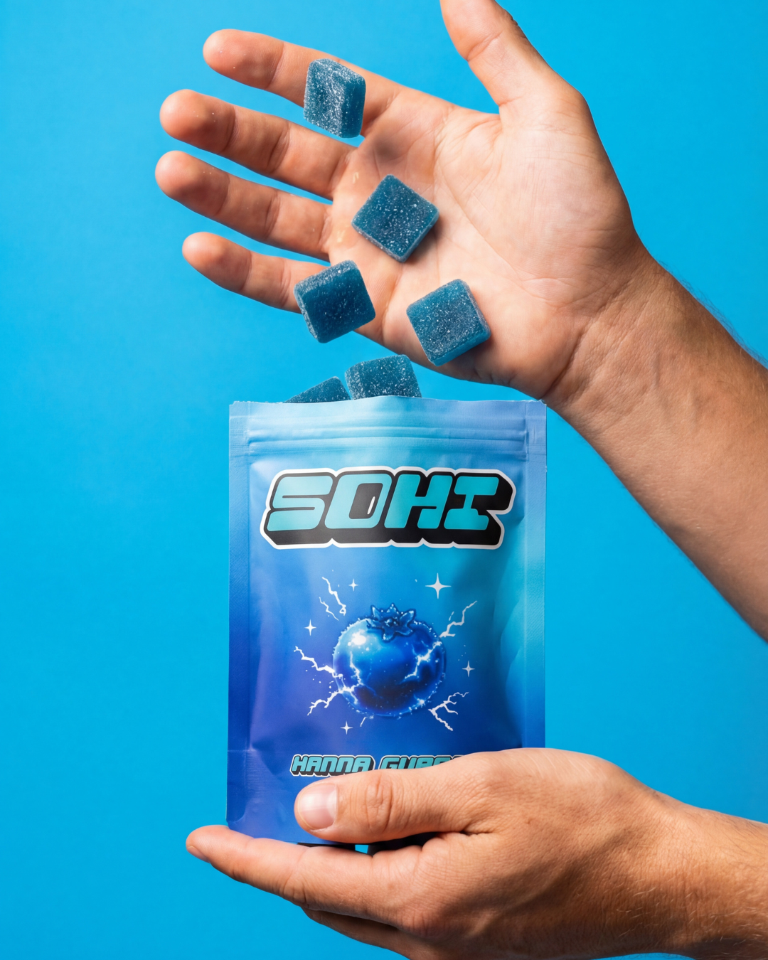 SOHI Blue Razz Bliss gummies in hand
