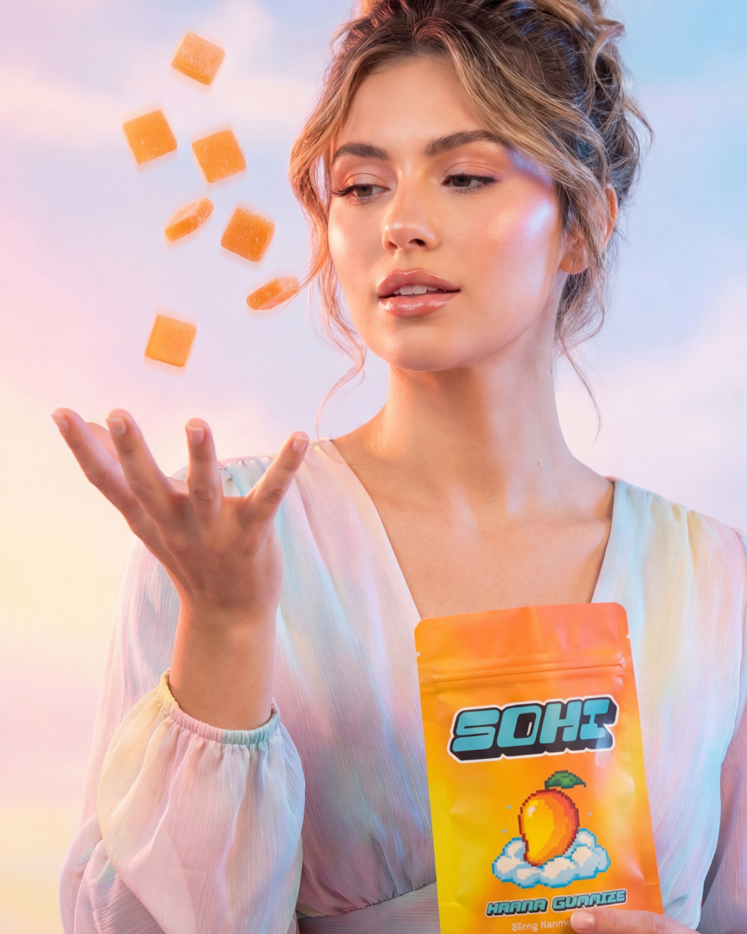Model enjoying SOHI Mango Dream gummies