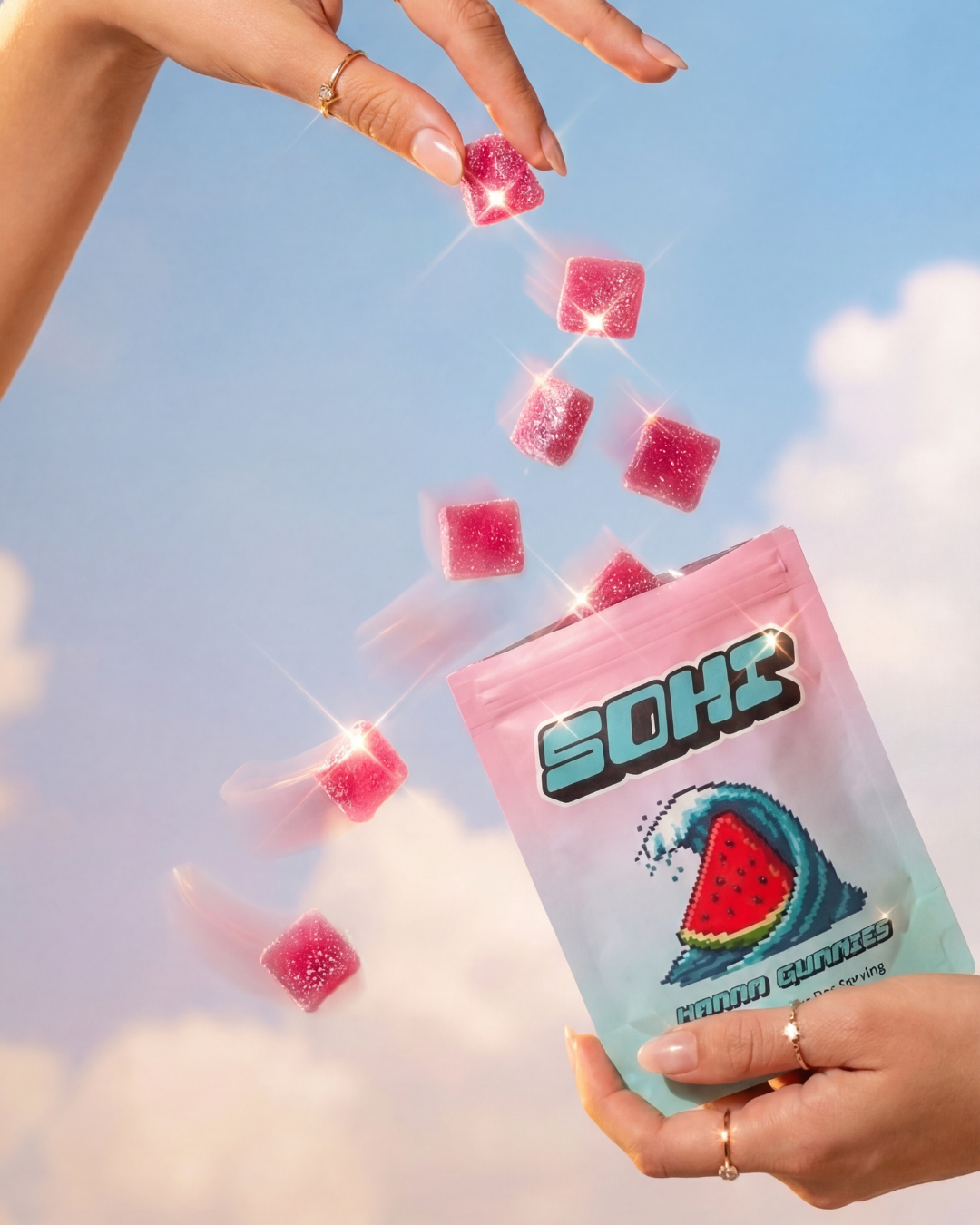 SOHI Watermelon Wave gummies floating in the sky