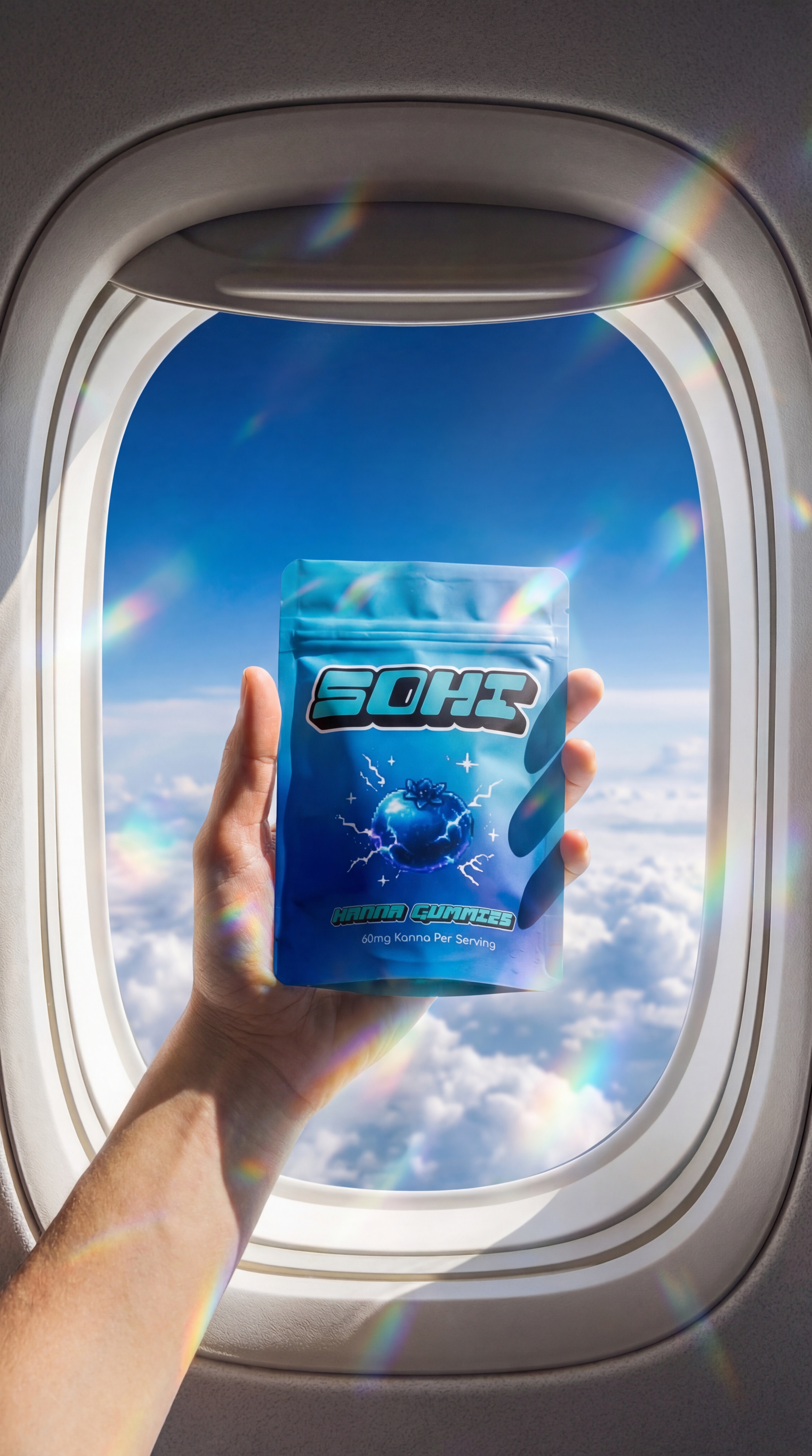 SOHI Blue Razz Bliss on airplane window with clouds
